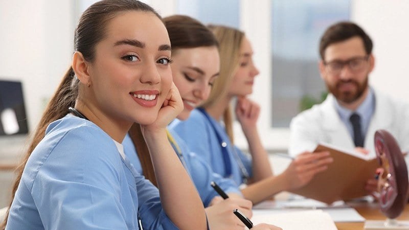 Nursing students sitting in a classroom in a nursing school in Texas.