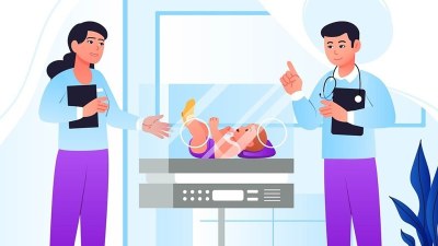 Illustration of neonatal nurse practitioners enrolled in the fastest NNP programs caring for a newborn in a hospital.