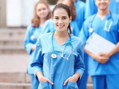 Nursing students in scrubs enrolled in one of the best BSN programs in Connecticut.
