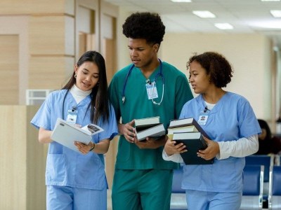 Nursing students walking through a clinical setting, reviewing patient notes during training in one of the cheapest BSN programs.